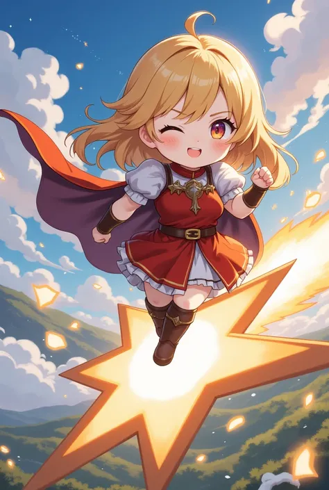 A chibi character of Joan of Arc coming on a shooting star, smiling and pumping her fist, a smiling shooting star, cute fantasy illustration art, ultra detailed, absolutely resolution, masterpiece