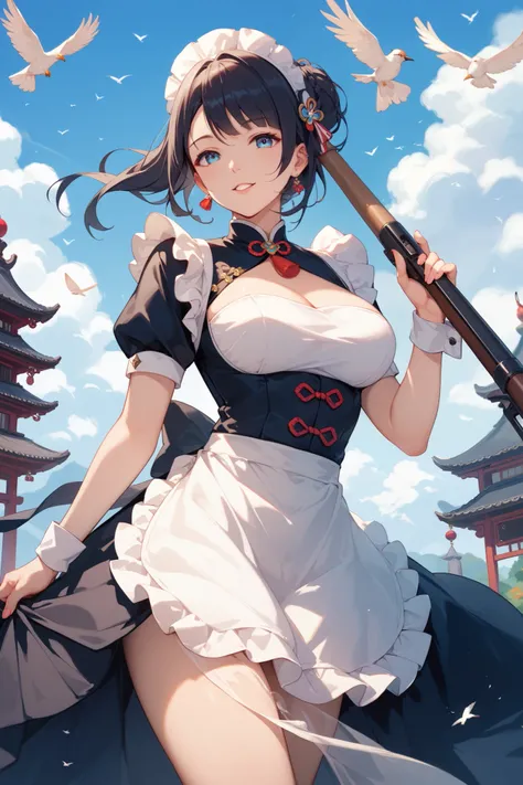  holding a magical rifle in their left hand 。 A blue sky spreads out and birds that live in that world。 A beautiful woman stands on a decadent ground 。Turn your back on me、Return the heel。The woman has dark hair and wears Chinese maid clothes。