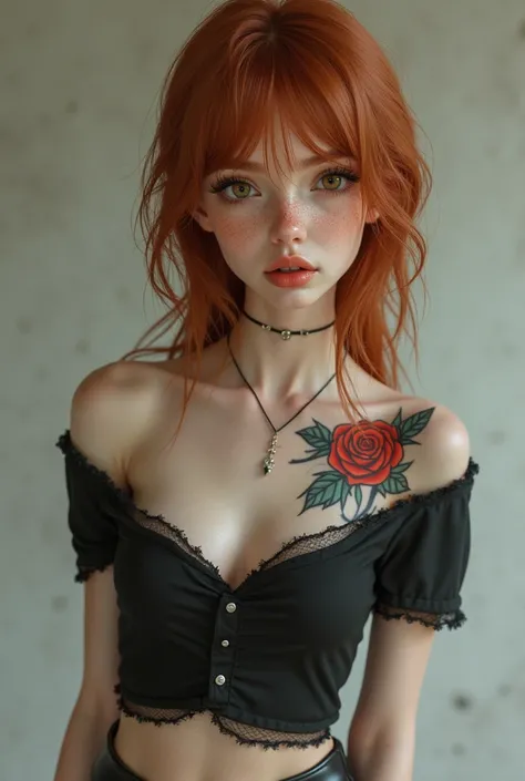 Ultra realistic style 4k. Petit and slender woman with little round breasts. Her skin has some freckles and a rose tattoo on her shoulder. Her face is perfect and has some fox like features. She has hazel eyes. Her hair is reddish light brown. She wears a ...