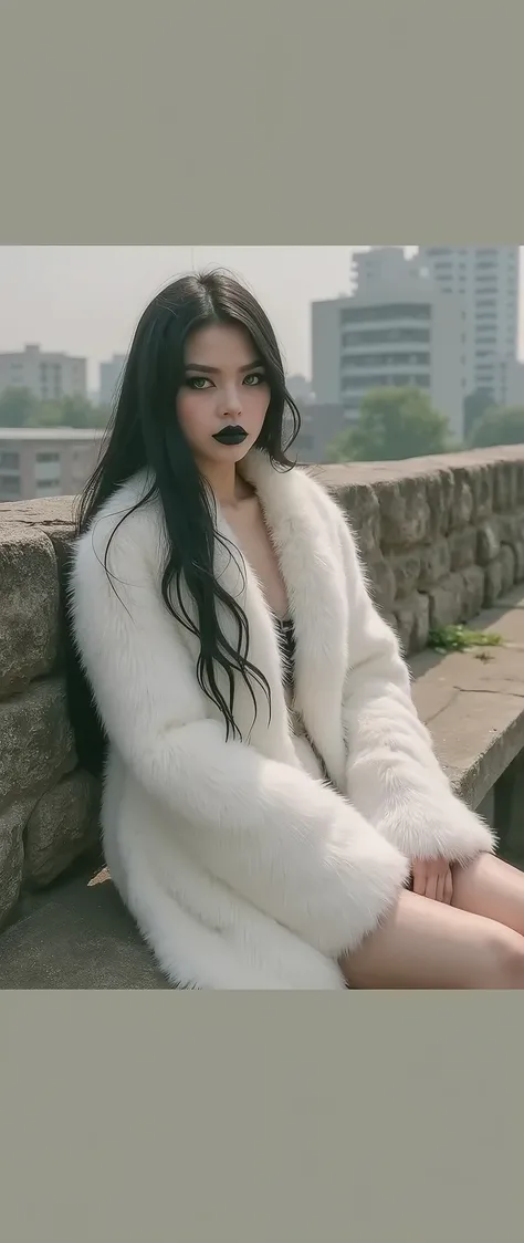  In professional realistic photography style a young girl wearing a fur coat sits on a rustic stone bench with her long black hair and dark makeup around her eyes like eyeliner and eye pencils and black lipstick on her lips, very light green eyes she looks...