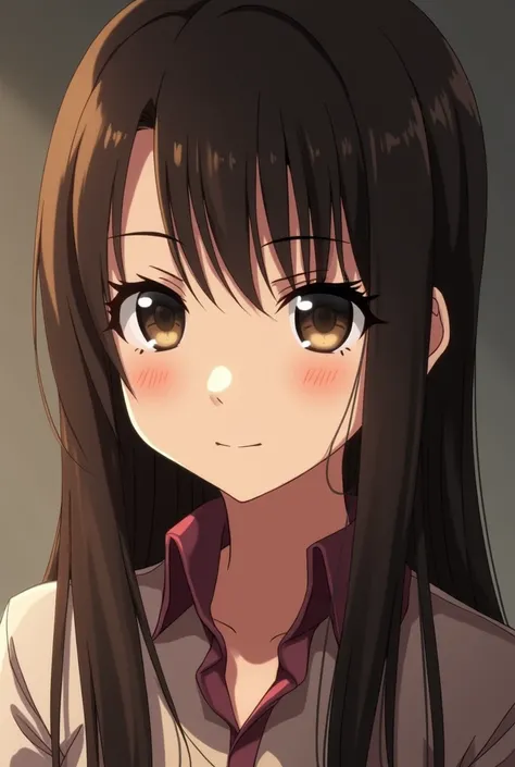 
anime woman dark straight brown hair up to the chest, not very long, just medium lenght, side bangs (not full bangs) PLEASE NOT FULL BANGS, big brown eyes, pretty eyelashes, doll like, thick BIG eyebrows, cute face, flushed, full body. like carla jaeger f...