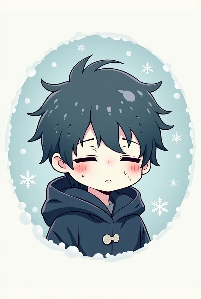 “A minimalistic, anime-inspired logo featuring a young boy with a zombie-like appearance designed to embody a cold and serene winter theme. The boy has pale, slightly cracked skin, tired eyes with dark circles, and a calm, drowsy expression. His hair is sl...