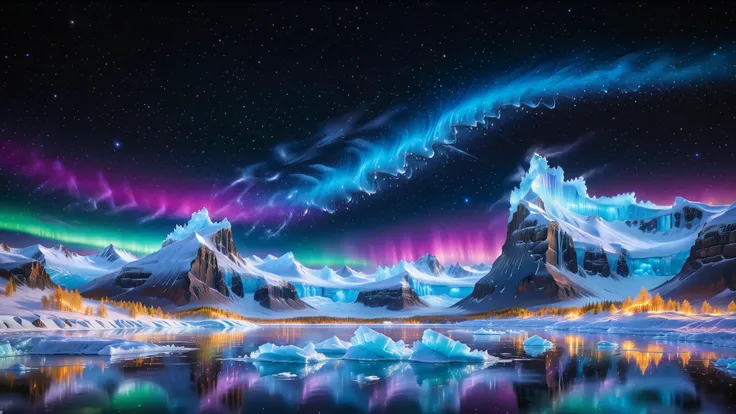 A Supreme-Quality 32K Masterpiece Of A Majestic Arctic Landscape Beneath A Mesmerizing Aurora Borealis. The Endless Snow-Covered Terrain Radiates An Ethereal Glow In Shimmering Hues Of Blue And White, Mirroring The Vivid, Kaleidoscopic Colors Of The Sky Ab...