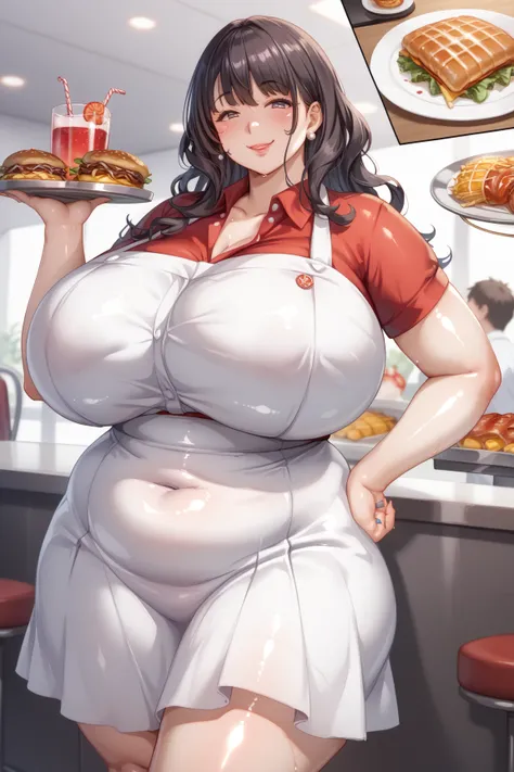 One mature woman、50th Generation、White women、diner、 unbelievably big breasts 、 very big butt、 plump 、 plump 、Thick waist、 chubby、Round face、 oily skin、  shiny skin、  wet skin  、 wavy hair、  embarrassing、smile、Details、 Close your eyes、Hold a tray with food ...