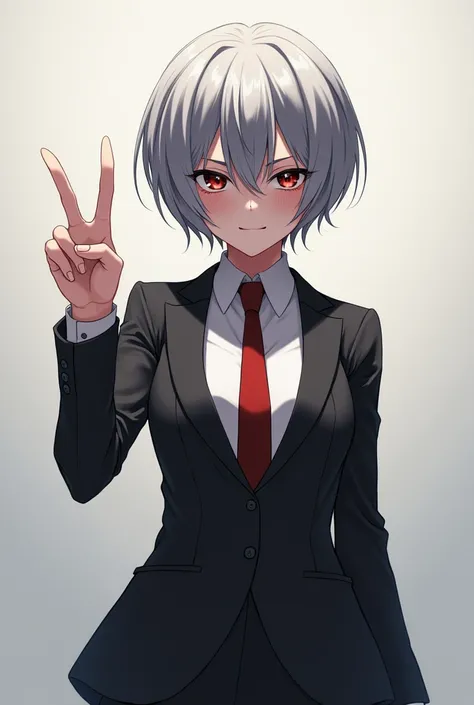 Yandere tall handsome older sister with short hair and boyish gray hair、Making a peace sign