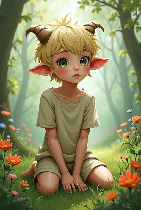 generate image of a character, male, slim, blonde, mythical, sheep ears, illustration, kneeling, in the grass, forest, flowers, green eyes, semi realistic style, soft coloring, fluffy hair