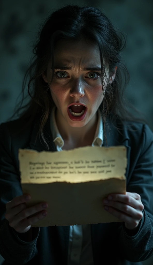 A person holding an open letter with the ominous message written on it, their face showing shock and fear.