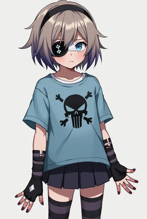 A teenage girl with short light brown hair that was grading dark and light purple at the ends, messy bangs, and wearing black headband. Over her left eye there is a black eye patch with a white snow motif in the middle eyepatch, while her right cheek is wr...