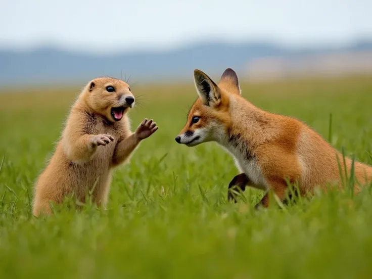 Prairie dog screams and jumps next to a confused tibetan fox on a grassland, close-up shot