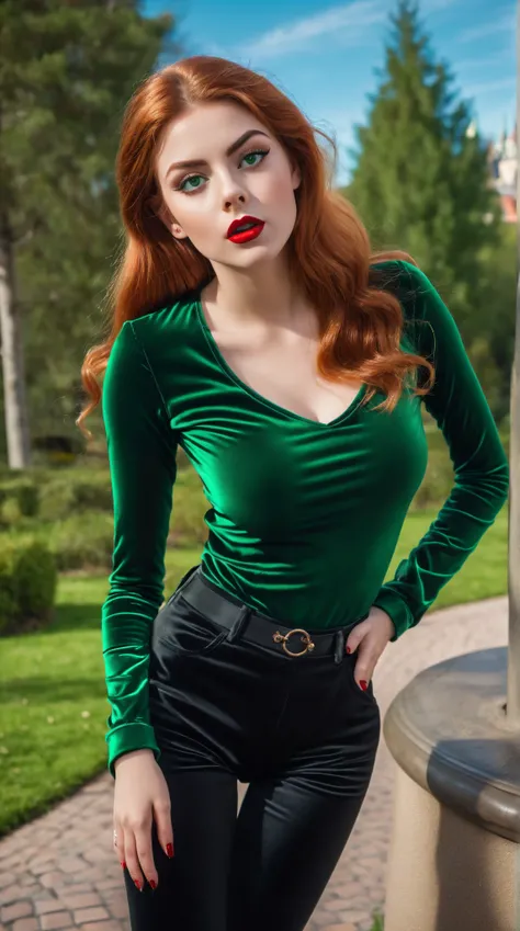 hyperrealistic beautiful busty 18 yo German woman, green slim velvet longsleeve top and shiny black vinyl skinny pants, realistic hazel eyes, Fashion-style image, premium quality clothes, looking surprised with eyes wide open, decent makeup with red lipglo...