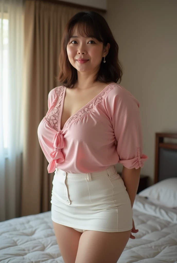 ((最 High Quality 、8k、  Masterpiece :1.3))、 realistic ,  sharp concentration,  High Quality ,  high definition , Alone, Japanese,  kind smile,Middle-aged woman,5, ((Big Breasts:1.8)), (((Big Butt 1.9)))、Medium-length hair,   wrinkles around eyes、Embarrassin...