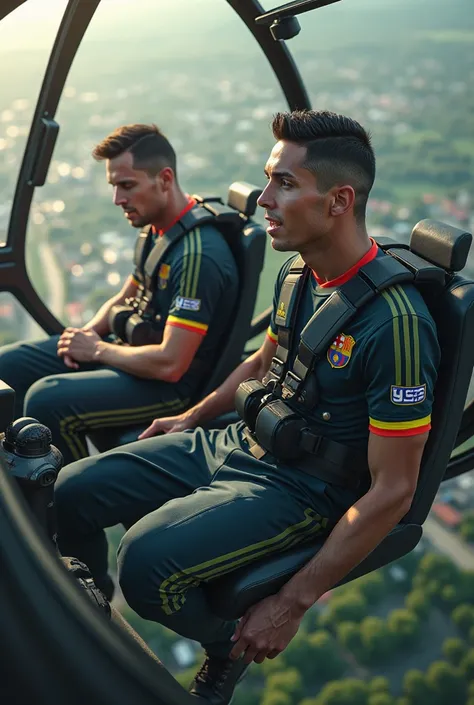 Scene 1: A modern helicopter flying at a high altitude over a cityscape or forest, with Ronaldo and Messi visible through the window. Ronaldo is confidently seated at the controls, wearing a headset, while Messi looks uneasy, glancing out of the window.mus...