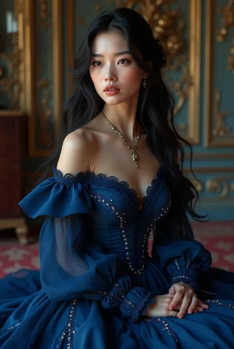 A very beautiful and very attractive 22-year-old woman with white skin, big and wide black eyes, long black hair, a curvy body and full breasts wearing a long Victorian indigo dress 