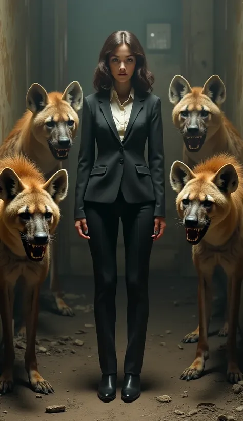  The girl in the old apartment is dressed as a businesswoman, she is guarded by hyenas 