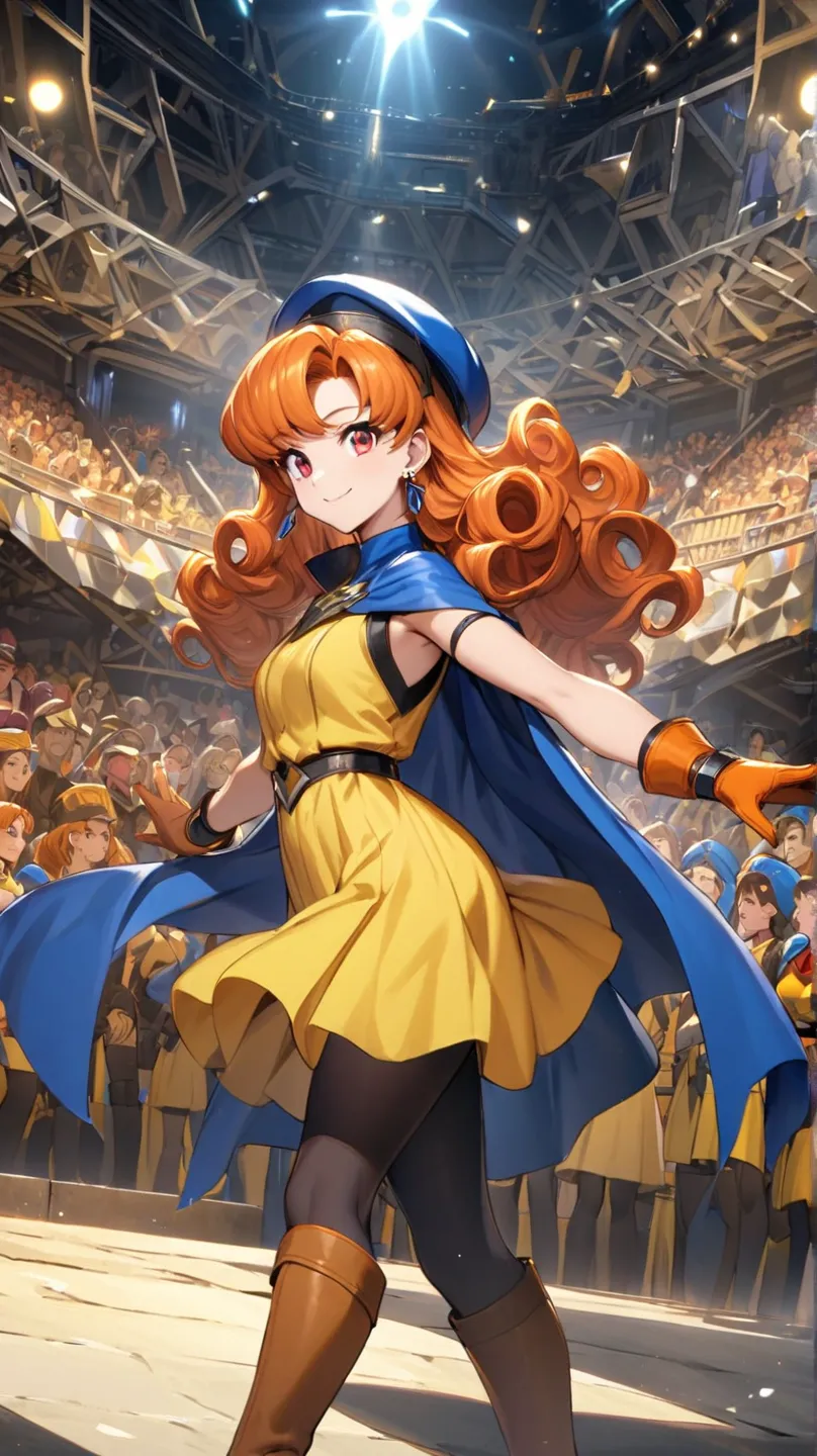 arena-dq4, dq4 arena,black pantyhose,blue cape,blue hat,boots,curly hair,earrings,long hair,orange gloves,orange hair,red eyes,s...