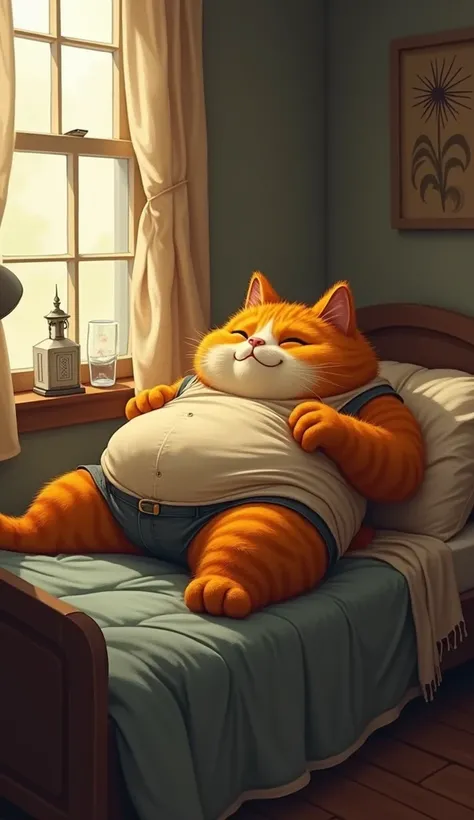  A simple and welcoming room , with soft morning lights coming in through the window with slightly open curtains. the father,  a fat humanoid cat with a vibrant orange coat , he is lying on his simple bed, with crumpled sheets partially covering his promin...