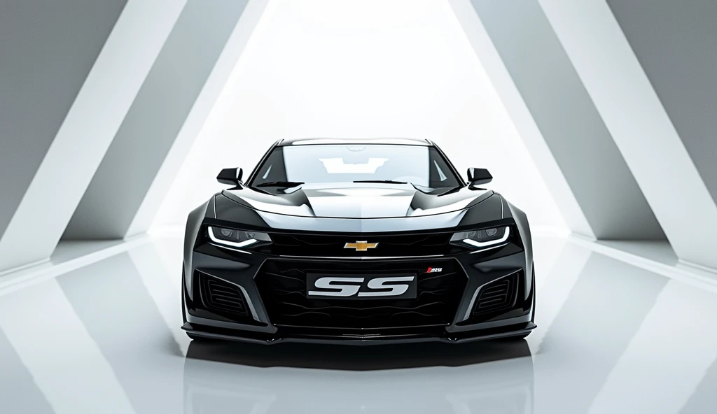 A captivating and futuristic image of the 2025 Chevrolet Camaro SS taking center stage in a luxurious white showroom. The cars vibrant black Mettalic paint highlights its sleek and aerodynamic design, with bold accents showcasing the cutting-edge innovatio...