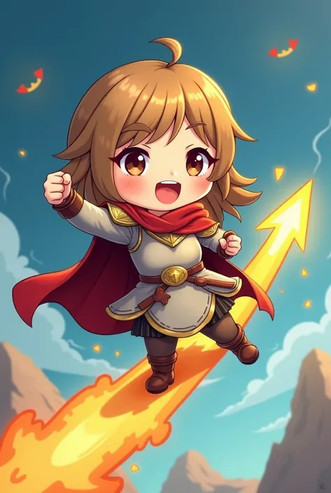 A chibi character of Joan of Arc coming on a shooting star, smiling and pumping her fist, a smiling shooting star, cute fantasy illustration art, ultra detailed, absolutely resolution, masterpiece