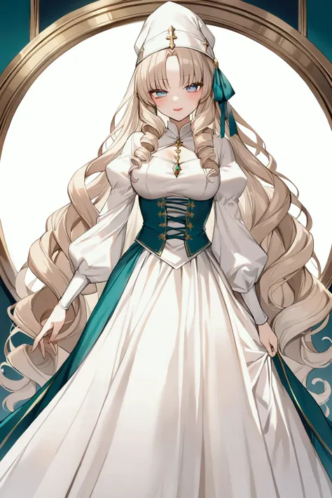  girl、 Light Brown Hair Color 、 Teal Eyelids、Middle Hair、 Voluminous Curly Hair、smile、Pale lipstick、 Pure White Dress、Medieval style、Servant Dress 、 Pure White Nightcap 、 long skirt