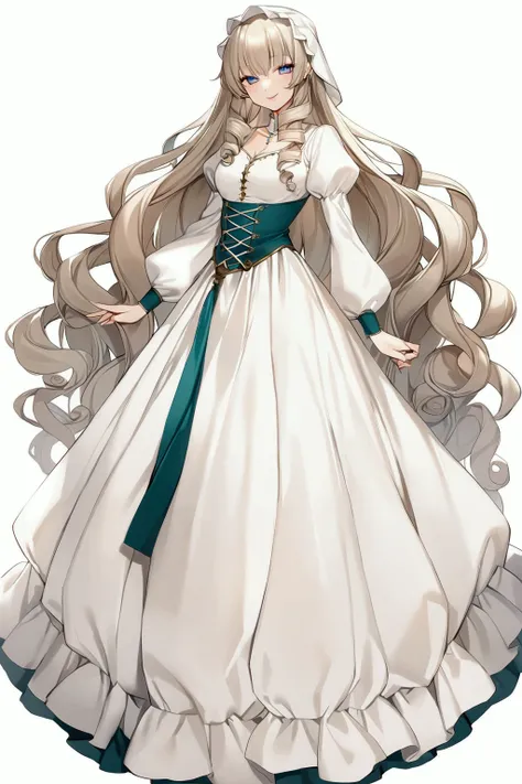  girl、 Light Brown Hair Color 、 Teal Eyelids、Middle Hair、 Voluminous Curly Hair、smile、Pale lipstick、 Pure White Dress、Medieval style、Servant Dress 、 Pure White Nightcap 、 long skirt