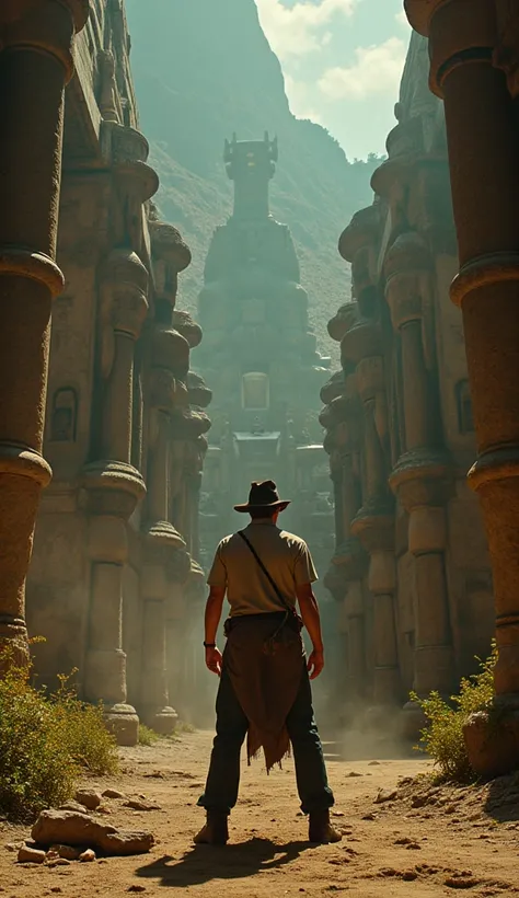 Inside a very mysterious beautiful and dark ancient city. The elaborately built city conveys its former glory. Low angle perspective, supernatural phenomena occurring. Also futuristic. Indiana Jones (Harrison Ford, movie character, with fedora hat, leather...