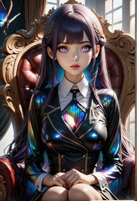 (masterpiece, aesthetic, detailed eyes, realistic), 1girl, mahiru shiina, Long smooth straight dark purple hair, inner dark iridescent hair, iridescent eyes, aesthetic curvy figure, sitting on throne in hent8 uniform, super detail, best quality, 8k