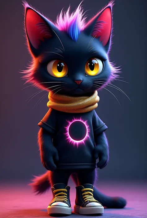 a IMAGE of a black cat color with a hint of purplewith yellow eyes . PLEASE SHOW FULL BODY. wearing black shirt with eclipse image on front. . wearing punk hairstyle with soft blue and pink color. wearing a gold shiny scarf on neck  wearing gold shiny snea...