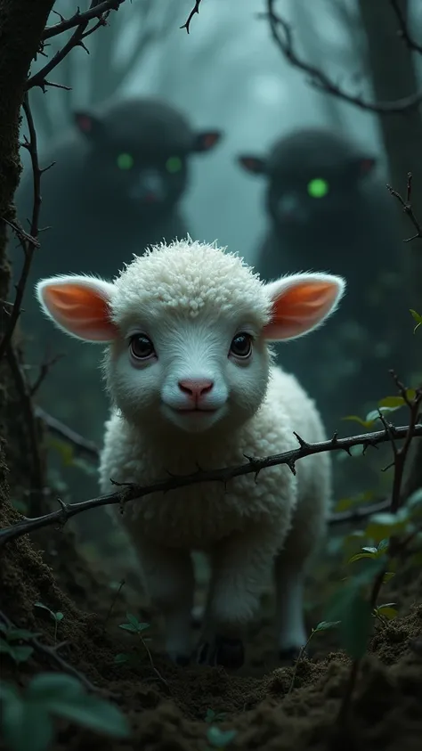 A small lamb tangled in thorny vines, its face filled with fear. Surrounding it are shadows of predators lurking in the bushes (e.g., glowing eyes or silhouettes).