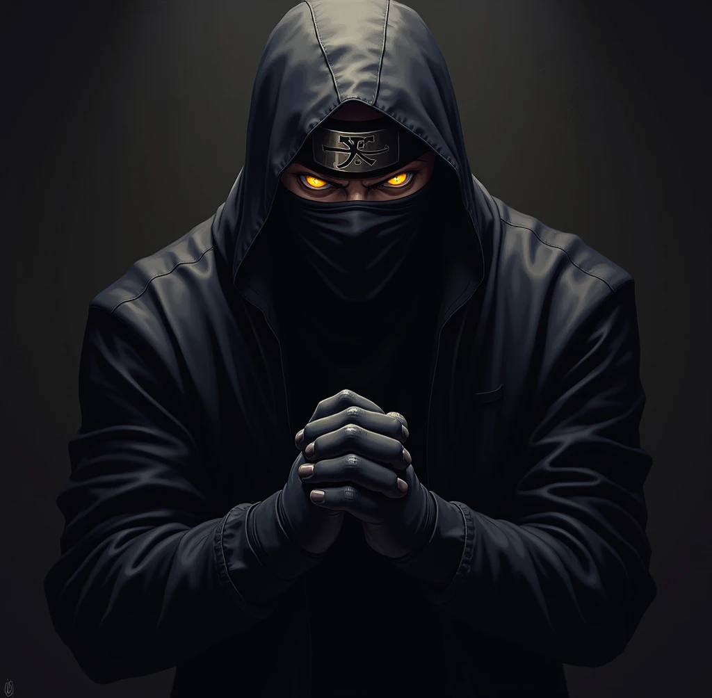 A dark, stylized portrait of a male figure, likely from a manga or anime. The subject is centered in the frame, wearing a dark, almost black, leather-like jacket, and a mask that obscures most of the face.  His eyes, glowing yellow, are visible and seem in...