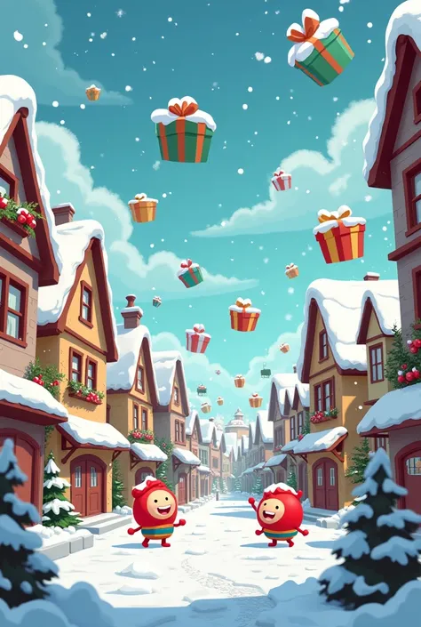 2d cartoon, winter city landscape, gifts falling from sky, happy rens, 2d cartoon