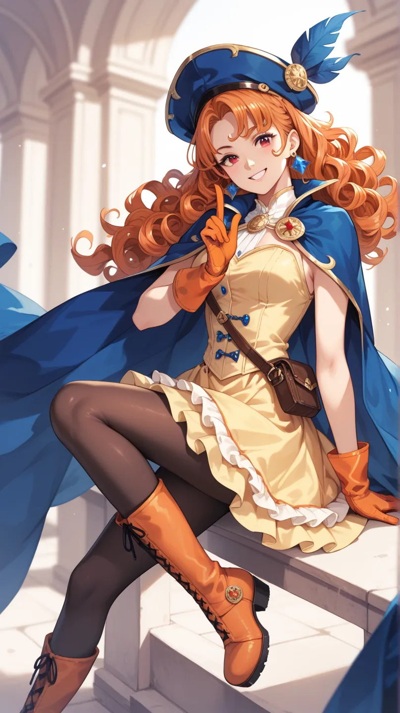 arena-dq4, dq4 arena,black pantyhose,blue cape,blue hat,boots,curly hair,earrings,long hair,orange gloves,orange hair,red eyes,s...