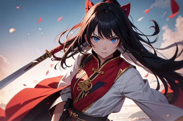 Chinese Geichan girl with a sword wearing red Chinese dress black hair and blue eyes with an outburst of fear on her face