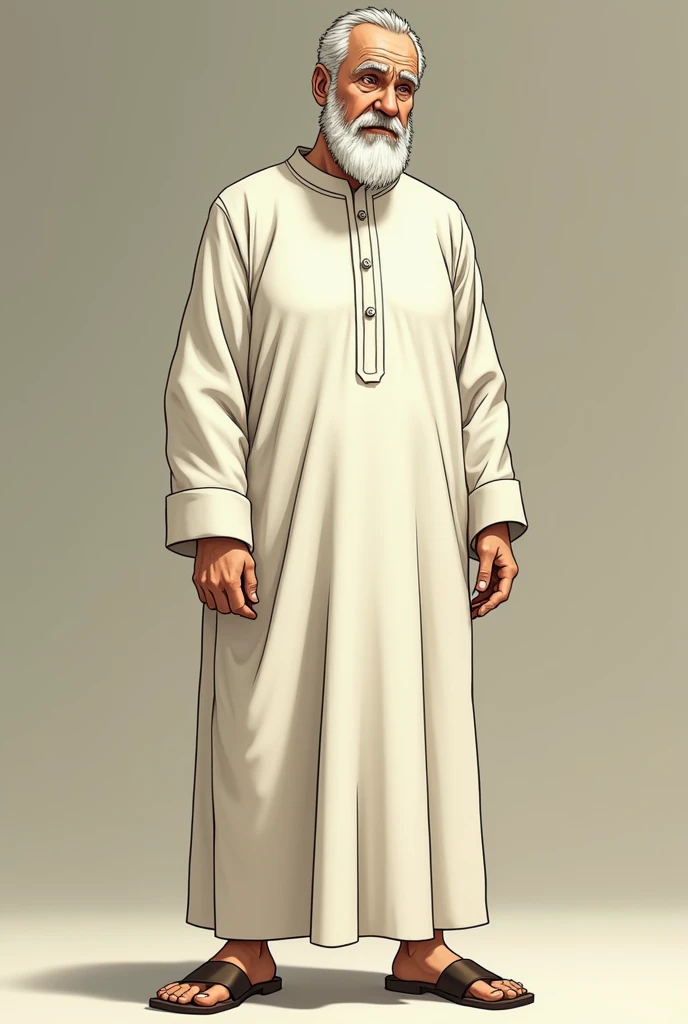 In the style of anime and graphic stories,  : A man in his sixties, tall and wide, with white skin, has a confused face and good eyes, . He wears a simple traditional jilbab.  . He wears very simple shoes  .
