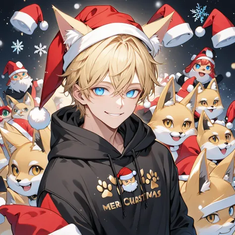 Man, 25 years, Blonde hair, Blue eyes, Fox ears, Smile and cold eyes, Santa hat, Black Christmas hoodie with paw prints, Black Jeans