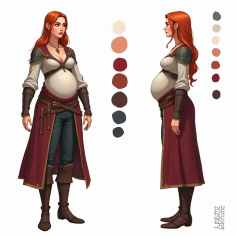 a medieval fantasy adventurer who is a pregnant woman, CharacterDesignFLUX, reference sheet,white background,simple background,multiple views, upper body, front, from side, color palette reference, high_detailed, captured in high detail, magic particles, m...