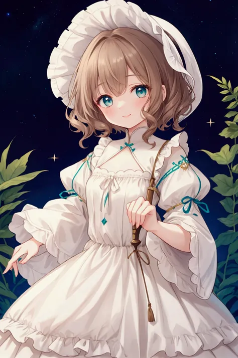  girl、 Light Brown Hair Color 、 Teal Eyelids、 short hair、 Voluminous Curly Hair、smile、Pale lipstick、 Pure White Dress、Medieval style、Servant Dress 、 Pure White Nightcap 、 long skirt