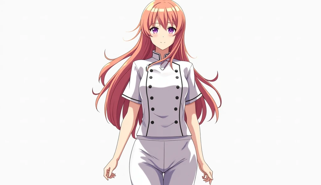 highres,  masterpiece , Erina Nakiri, Shokugeki no Souma, rubio, Alone, 1 girl, beautiful,  detailed eyes, long hair,  purple eyes, chef suit, white jacket, pantalones blancos