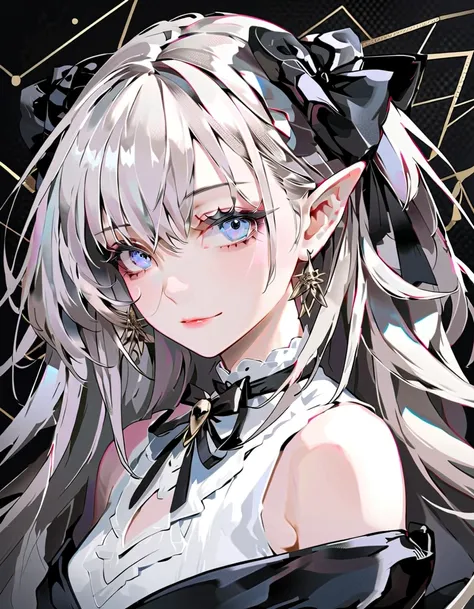 (digital art:0.5),(geometric art:1.7),(top-quality),(masterpiece),Delicately drawn face,girl with a pretty face,beautiful detailed blue eyes,Gothic Lolita Fashion,((Black and white costume)),(Beautiful silky silver hair:1.2),black ribbon hair ornament,Film...