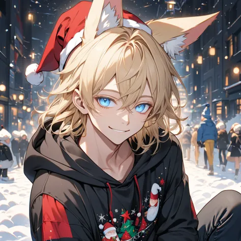 Man, 25 years, Blonde hair, Blue eyes, Fox ears, Smile and cold eyes, Santa hat, Black Christmas hoodie, Black Jeans