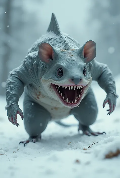 A mixture of shark and mouse that looks very creepy and disgusting. She has more of a shark than a mouse and has a snow-filled look