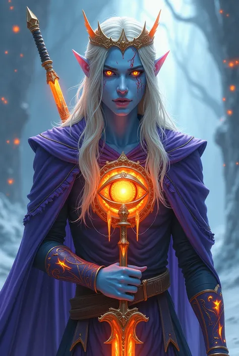 I want a character in the design of LOL like Viego Soul Fighter blue skin he is an icy elf with an eye with a white yellow part and with red veins in the middle of his chest big eyes half bluish skin and a burning sword long blonde hair and a fiery crown a...