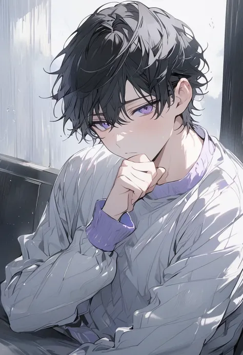 Alone, 1 male, black hair, purple Eyes,Short Hair, Long Sleeve ,sleepy Face, Wave your hand