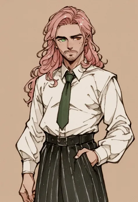 score_9, score_8_up, score_7_up, rating_explicit, source_anime, guy, Man, Long Hair, Pink Hair with Black Dots, Heterochromia, Green and Orange Eye, Modern Clothing with Medieval Looks, Sketch, Traditional Media