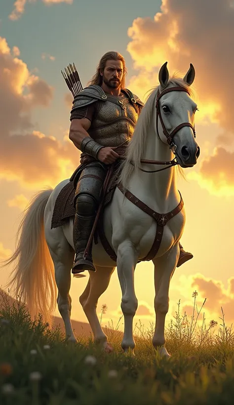 A noble centaur standing in a lush meadow under a vibrant sky, its human torso muscular and adorned with warrior armor. The horse half is sleek and powerful, blending seamlessly into the human form. The centaur carries a bow and quiver of arrows, symbolizi...