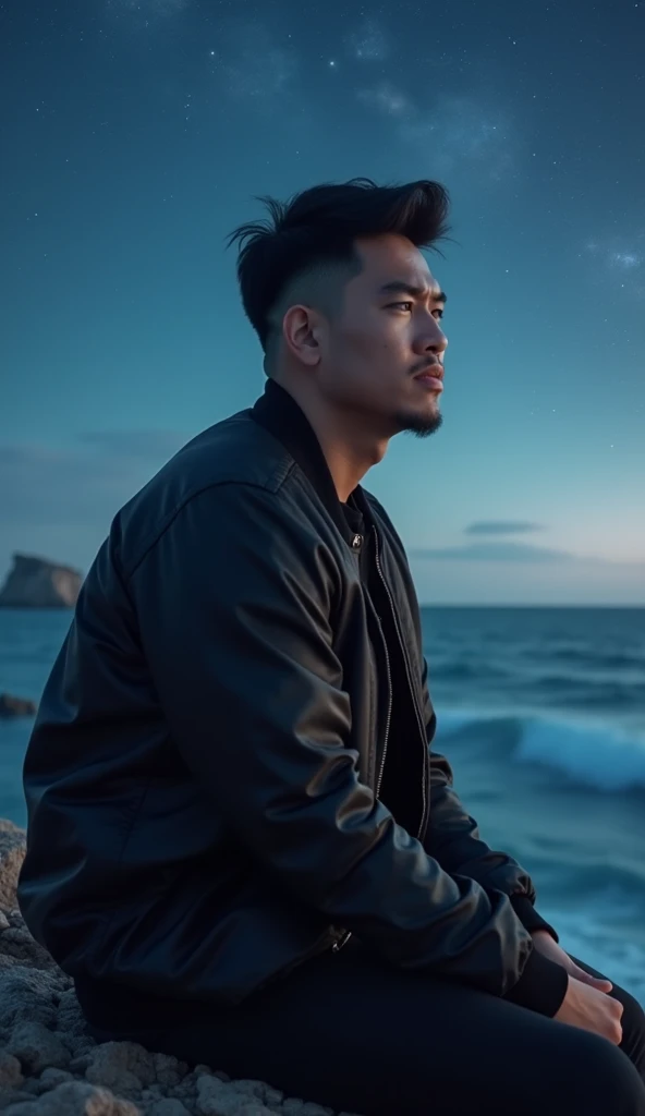  A handsome 39-year-old Asian man ,  slightly chubby body , Semi undercut hair ,  is sitting looking sideways on the edge of a cliff, wearing a black bomber jacket ,  sea background and beautiful stars ,  professional photo, real photo, original photo, UHD...