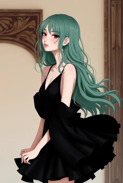 A girl with beautiful and attractive wavy teal hair, perfect body and perfect face, looking at the viewer, eye contact with the viewer, side eye look