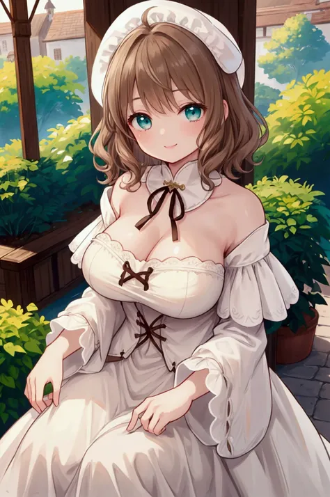  girl、Around 、Grown-up、 Light Brown Hair Color 、 Teal Eyelids、 short hair、 Voluminous Curly Hair、smile、Pale lipstick、 Pure White Dress、 Big Breasts 、Medieval style、Servant Dress 、 Pure White Nightcap 、 long skirt