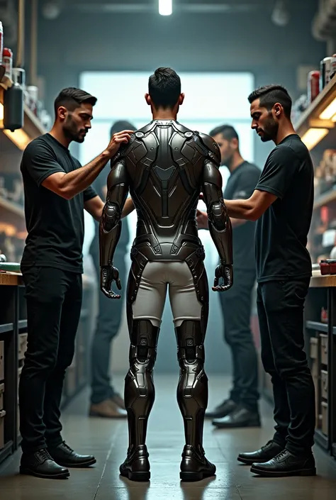 Scientists are putting the Iron Man suit on Ronaldo in his secret godown. they weard black tshirt and white pant.mage from back.realistic image