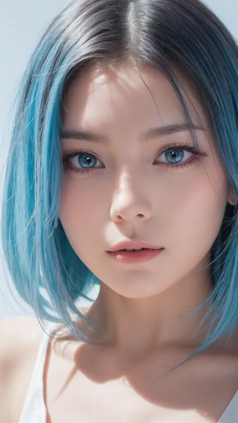 Light blue hair, Blue Eyes,   blue and white,  bright color,  white dress,  simple background,  ray tracing ,  wavy hair　、 face close-up 