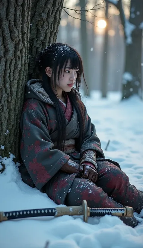 "A young Japanese woman with a damaged Shinobi outfit sits and leans against a large tree in a quiet, snow-covered forest at dawn. Her outfit is torn and battle-worn, with patches of dirt and faint traces of blood, contrasting with the pristine white snow ...